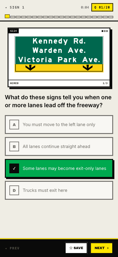 A BeDriver practice question with the correct answer revealed